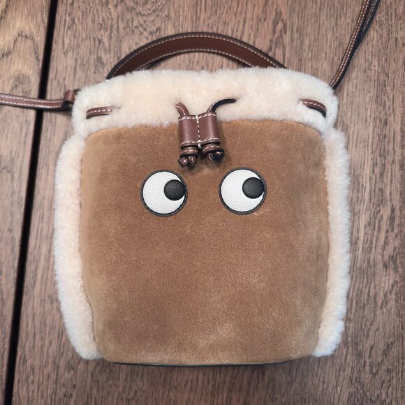 ANYA HINDMARCH Eyes Shearling Suede Bucket Shoulder Drawstring Crossbody Bag - Picture 5 of 9